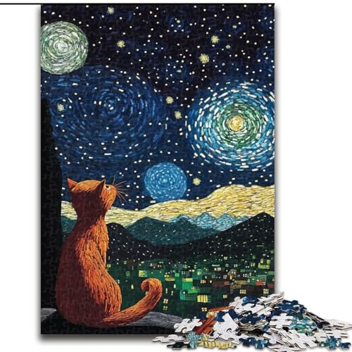 Puzzle mit 1000 Teilen für Erwachsene, Van Gogh, Nachthimmel-Katze, Holzpuzzle für Erwachsene, perfektes Weihnachts- und Neujahrsgeschenk, Feiertagsgeschenk (Größe 50x75cm) von WGLINGX