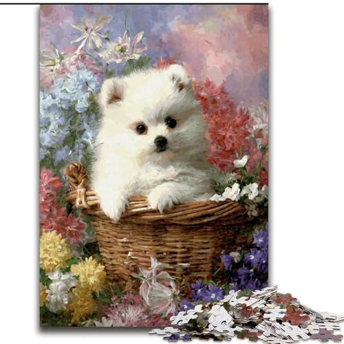 Puzzle mit 1000 Teilen für Erwachsene, Welpe im Blumenkorb, 1000-teiliges Puzzle, Lernspielzeug (Größe 26x38cm) von WGLINGX