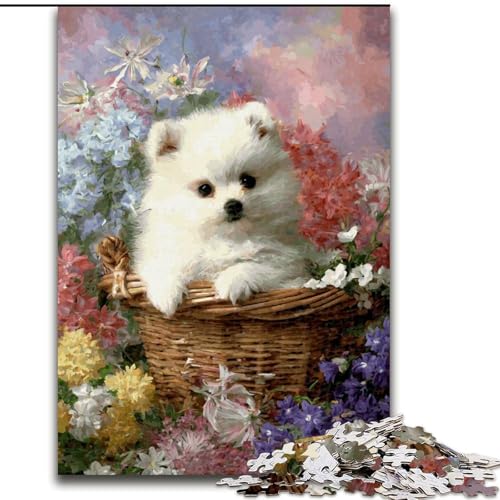 Puzzle mit 1000 Teilen für Erwachsene, Welpe im Blumenkorb, 1000-teiliges Puzzle, Lernspielzeug (Größe 50x75cm) von WGLINGX
