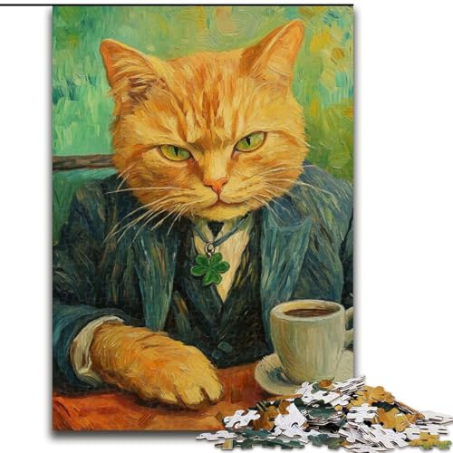 Puzzle mit 1000 Teilen für Erwachsene, orangefarbene Katze trinkt Kaffee, 1000-teiliges Puzzle, Lernspielzeug (Größe 50x75cm) von WGLINGX
