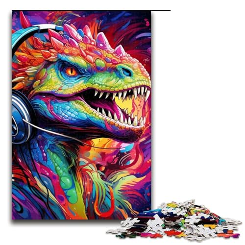 Puzzle mit 1000 Teilen für Erwachsene und Teenager, Kopfhörer-Dinosaurier-Puzzle für Teenager, Holzpuzzle, Lernspiel für Erwachsene (Größe 50 x 75 cm) von WGLINGX