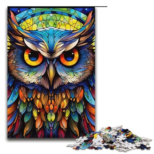 Puzzles Buntglas-Eule, 1000 Teile, für Erwachsene, Herausforderung der Gehirnintelligenz, süchtig machendes Spielzeug, 14,96 x 10,24 Zoll von WGLINGX