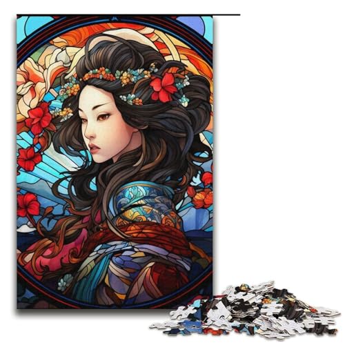 Puzzles Buntglas-Geisha-Puzzle 1000 Teile für Erwachsene, Herausforderung der Gehirnintelligenz, süchtig machendes Spielzeug, 14,96 x 10,24 Zoll von WGLINGX
