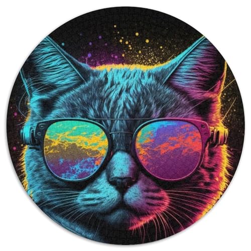 Retrowave Kitty Puzzle für Erwachsene, 1000-teiliges rundes Puzzle, perfekt für Jugendliche und Wohnkultur (67,5 x 67,5 cm) von WGLINGX