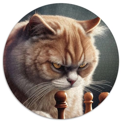 Runde Puzzles mit 1000 Teilen für Erwachsene, lustige Katze spielt Schach, Kartonpuzzle, Geburtstage, Feiertage und als Heimdekoration (67,5x67,5cm) von WGLINGX