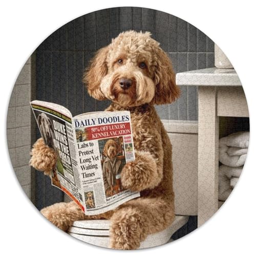 Rundes Puzzle mit 1000 Teilen, Labradoodle auf der Toilette, schwierige Rätsel für Erwachsene, anspruchsvolles Denkspiel, Spieleabend mit der Familie (67,5x67,5cm) von WGLINGX