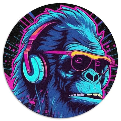 Rundes Puzzle mit 1000 Teilen, Monkey DJ-Musik-Puzzle für Erwachsene, Familie und Freunde, knifflige Herausforderung (67,5x67,5cm) von WGLINGX