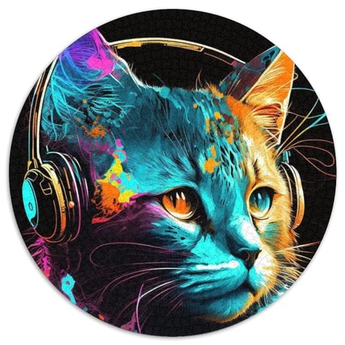 Rundes Puzzle mit 1000 Teilen für Erwachsene, Kopfhörer, Katze, Karton, Puzzle-Spielzeug, Geschenk, pädagogisches, intellektuelles, entspannendes Familienspiel (67,5x67,5cm) von WGLINGX