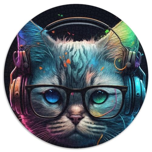 Rundes Puzzle mit 1000 Teilen für Erwachsene, Kopfhörer-Katzen-Puzzle für Erwachsene, Familie und Freunde, knifflige Herausforderung (67,5x67,5cm) von WGLINGX
