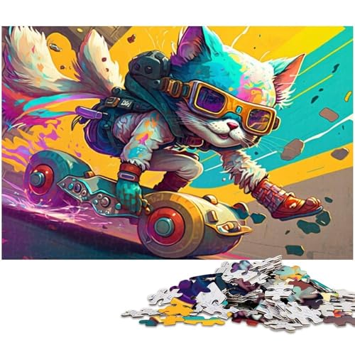 Skateboard-Katze, 1000-teiliges Puzzle für Erwachsene – Kartonpuzzle, Heimdekoration (Größe 38 x 26 cm) von WGLINGX