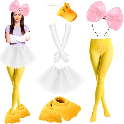 7-teiliges Halloween-Enten-Kostüm für Damen – inklusive Entennasen-Hausschuhe, gelbe Strumpfhose, Schleife, Stirnband, Schleife, Haarreif, Ellenbogenlänge, Party-Handschuhe, mehrlagiger, weißer 7-teiliges Halloween-Enten-Kostüm für Damen – inklusive Entennasen-Hausschuhe, gelbe Strumpfhose, Schleife, Stirnband, Schleife, Haarreif, Ellenbogenlänge, Party-Handschuhe, mehrlagiger, weißer von WGOCAUK