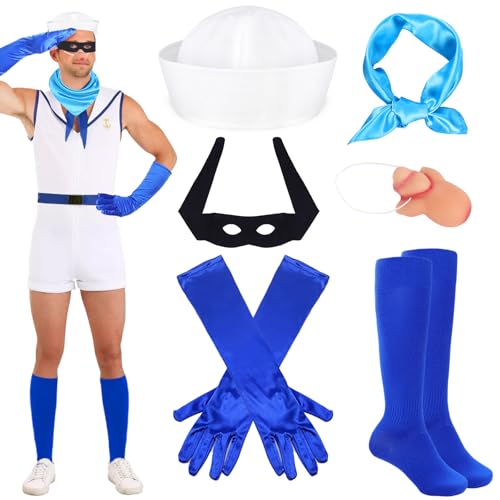 Halloween-Kostüm für Erwachsene, Matrosen-Kostüm-Zubehör – inklusive weiß-marineblauer Kapitänshut, Yachthut, Retro-quadratischer Halstuch, blaue Socken und Handschuhe für Damen, Herren, Halloween Halloween-Kostüm für Erwachsene, Matrosen-Kostüm-Zubehör – inklusive weiß-marineblauer Kapitänshut, Yachthut, Retro-quadratischer Halstuch, blaue Socken und Handschuhe für Damen, Herren, Halloween von WGOCAUK