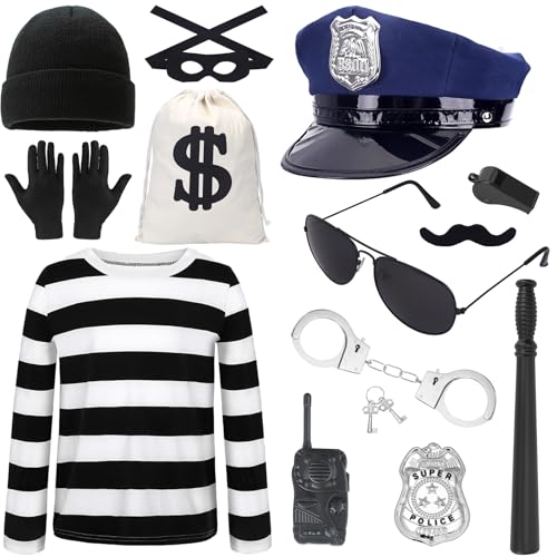 Polizei- und Räuber-Kostüm-Zubehör, Polizei-Cop-Brille, Kunstbart, Walkie-Talkies, Handschellen, Abzeichen, Baton, Pfeife, Räuber, gestreiftes T-Shirt, Hut, Handschuhe, Taschen, Augenmaske für Polizei- und Räuber-Kostüm-Zubehör, Polizei-Cop-Brille, Kunstbart, Walkie-Talkies, Handschellen, Abzeichen, Baton, Pfeife, Räuber, gestreiftes T-Shirt, Hut, Handschuhe, Taschen, Augenmaske für von WGOCAUK