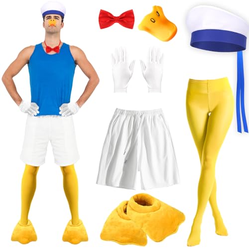 WGOCAUK 7-teiliges Halloween-Enten-Kostüm für Herren, inklusive weißem Matrosenhut, Entennase, Fliege, gelbe Hausschuhe, Strumpfhose, weiße Handschuhe, kurze Hose für Erwachsene, Halloween, Cosplay WGOCAUK 7-teiliges Halloween-Enten-Kostüm für Herren, inklusive weißem Matrosenhut, Entennase, Fliege, gelbe Hausschuhe, Strumpfhose, weiße Handschuhe, kurze Hose für Erwachsene, Halloween, Cosplay von WGOCAUK