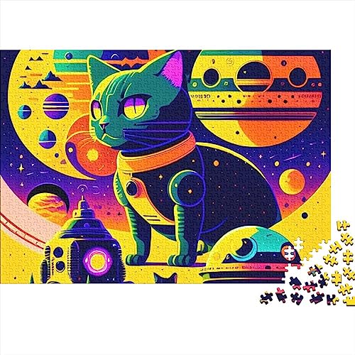 Weltraumfarbenes Katzenpuzzle für Erwachsene, 1000 Teile, Weltraum-Comic-Elemente-Puzzles, 1000 Teile für Erwachsene, Geschenke, 1000 Stück (75 x 50 cm) von WGUST