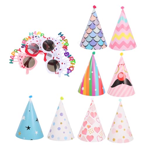 WHAMVOX 11 Stück Teiliges Party Cone Birthday Hat mit Lustigen Eyeglasses Bunte Pompom Geburtstagshüte Festliche Requisiten für Kindergeburtstagsfeiern Stabile Kopfbedeckung und von WHAMVOX