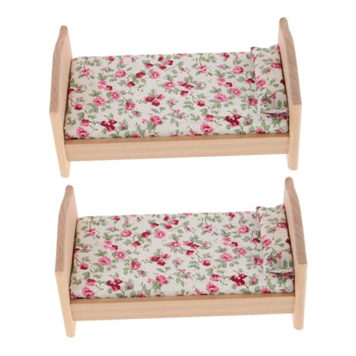 WHAMVOX 2 Stücke Miniatur Einzelbett Holz Puppenhaus Bett Vintage Schlafzimmermöbel mit Stoffbettwäsche Kinderzimmer Zubehör DIY zum Bemalen und Leicht Tragbar von WHAMVOX