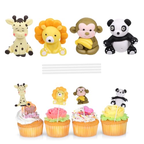 WHAMVOX 4 Stück Teiliges Jungle Tier Tortendeko Geburtstagstorte Deko Kinderparty Cake Picks Panda Affe Giraffe Waldtiere Cupcake Topper Jungen Mädchen von WHAMVOX
