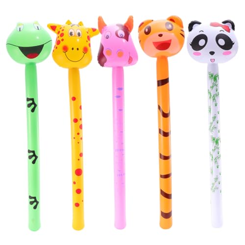 WHAMVOX 5 Stück Teiliges Aufblasbare PVC Tierballons Sticks für Kindergeburtstag Bunte Leichte Spielzeuge mit Kuh Tiger Panda Reh Designs Schnell Aufblasbar und Einfach zu Verstauen von WHAMVOX