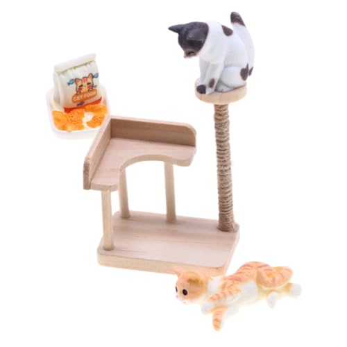 WHAMVOX Miniatur Katzenkratzbaum und Katze Modell aus Holz Feine Verarbeitung Leicht und Kompakt Puppenhaus Zubehör für Detailreiche Miniatur szenerien und Kreative Dekoration von WHAMVOX