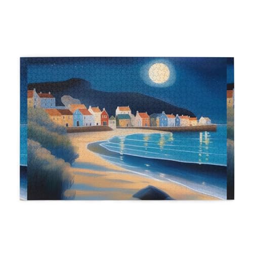 Puzzles1000 Teile WHJDPP Eine kleine Stadt unter dem Mondschein Muster Pädagogisches Intellektuelles Holzpuzzles, lustige Puzzles, Stressabbau-Puzzles von WHJDPP