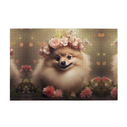 Puzzles1000 Teile WHJDPP Pomeranian und Blumen Muster Pädagogische Intellektuelle Holzpuzzles Lustige Puzzles Stressabbau Puzzles von WHJDPP