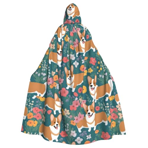 WHJSHOP Corgi Blumen-Frühlings-Gartenbild, Halloween, Erwachsenen-Kapuzenumhang, Herren- und Damenbekleidung, Mantel, Rollenspiel von WHJSHOP