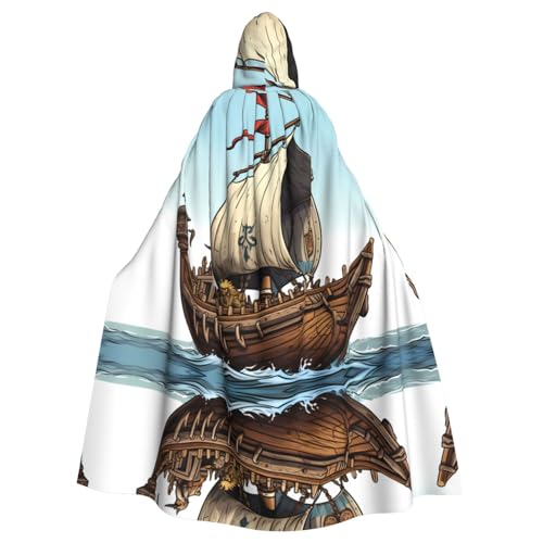WHJSHOP Halloween Erwachsene Kapuzenumhang für Partys und Kostüme – Pflegeleichtes Cartoon-Altes Wikinger-Boot-Muster von WHJSHOP