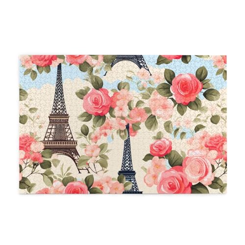 Whjshop Puzzle 1000 Teile Paris Eiffelturm Blumendruck Qualität Holzpuzzle für Erwachsene und Kinder, lustige Puzzles, Stressabbau Puzzles von WHJSHOP