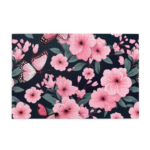 Whjshop Puzzles, 1000 Teile, rosa Blumen und Schmetterlinge, Druckqualität, Holzpuzzle für Erwachsene und Kinder, lustige Puzzles, Stressabbau-Puzzles von WHJSHOP