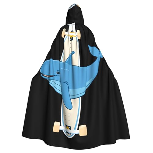 WHJSSF Blauer Wal auf Skateboard-Druck, Halloween-Umhang mit Kapuze, für Rollenspiele, Bühnenkostüme, Partys, pflegeleicht von WHJSSF