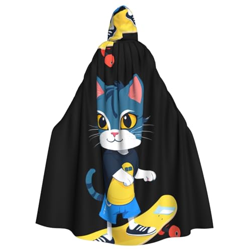 WHJSSF Coole Katze auf Skateboard-Druck, Halloween-Umhang für Erwachsene, mit Kapuze, super großer Umhang mit Kapuze, ohne Reißverschluss von WHJSSF