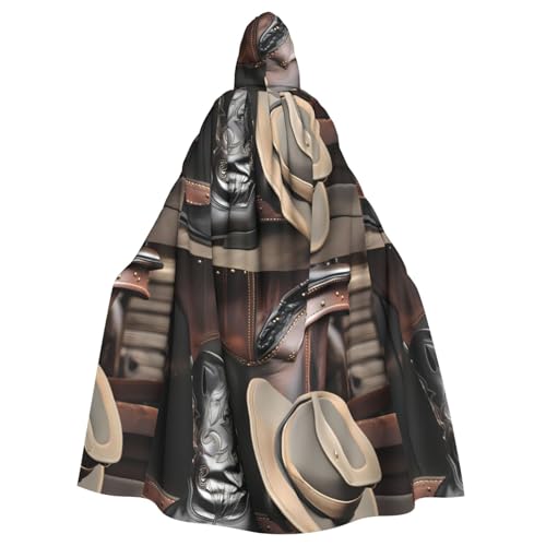 WHJSSF Cowboy-Umhang mit schwarzem Hut, Westernstiefel, bedruckt, Halloween, Erwachsene, Kapuzenumhang für Rollenspiele, Bühnenkostüme, Partys, pflegeleicht von WHJSSF