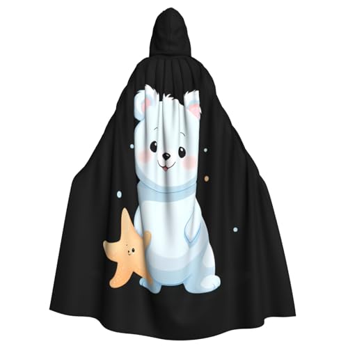 WHJSSF Kleiner weißer Bär, der einen Seestern hält, Halloween-Umhang mit Kapuze, Umhang für Erwachsene, für Rollenspiele, Bühnenkostüme, Partys, pflegeleicht von WHJSSF