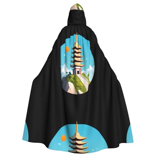 WHJSSF Pagode auf der Spitze eines Berges, bedruckter Halloween-Umhang mit Kapuze für Erwachsene, super großer Kapuzenumhang ohne Reißverschluss von WHJSSF