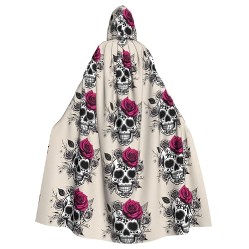 WHJSSF Sugar Horror Totenkopf Blumen Rose Prints Halloween Erwachsene Kapuzenumhang Umhang für Rollenspiele, Bühnenkostüme, Partys Pflegeleicht von WHJSSF