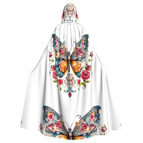 WHJSSF Umhang mit Schmetterlings-Blumendrucken, Halloween, Erwachsenen-Kapuzenumhang für Rollenspiele, Bühnenkostüme, Partys, pflegeleicht von WHJSSF