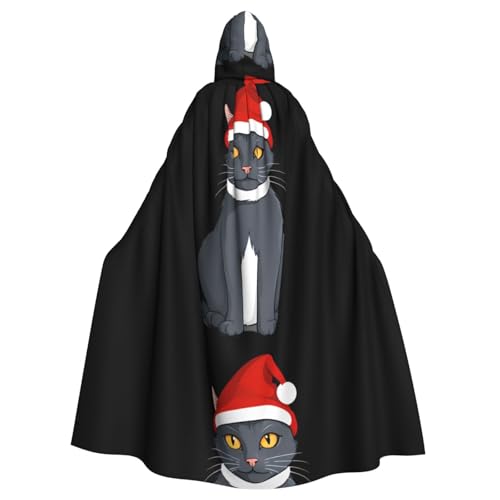 WHJSSF Umhang mit grauer Katze mit Weihnachtsmannmütze, bedruckt, Halloween, Erwachsenen-Kapuzenumhang – super großer Kapuzenumhang ohne Reißverschluss von WHJSSF