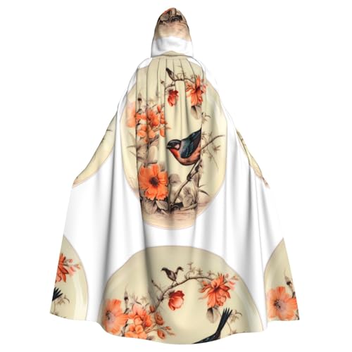 WHJSSF Vintage-Blumen- und Vogel-Essteller-Druck, Halloween, Erwachsenen-Umhang mit Kapuze, Umhang für Rollenspiele, Bühnenkostüme, Partys, pflegeleicht von WHJSSF