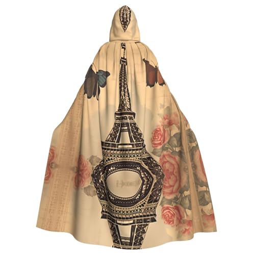 WHJSSF Vintage Paris Eiffelturm Schmetterling Drucke Halloween Erwachsene Kapuzenumhang Umhang Umhang für Rollenspiele, Bühnenkostüme, Partys Pflegeleicht von WHJSSF