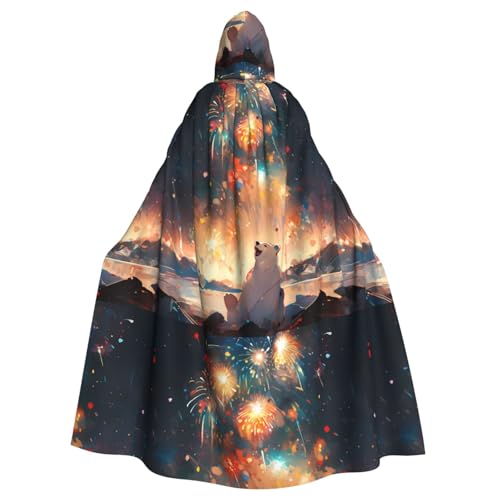 WHJSSF Weißer Bär, der Feuerwerk-Drucke beobachtet, Halloween-Umhang für Erwachsene, Kapuzenumhang für Rollenspiele, Bühnenkostüme, Partys, pflegeleicht von WHJSSF