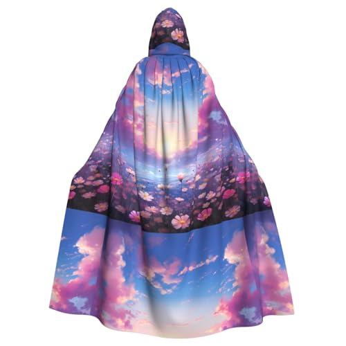 WHJSSF Wunderschöner Blumen-Himmel-Aufdruck, Halloween-Umhang für Erwachsene, mit Kapuze, Umhang für Rollenspiele, Bühnenkostüme, Partys, pflegeleicht von WHJSSF