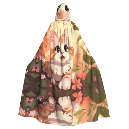 WHJWZY Rosa Cartoon-Katzen-Druck, Aldult Halloween-Kapuzenumhang für Männer und Frauen, für Partys, Abschlussbälle von WHJWZY