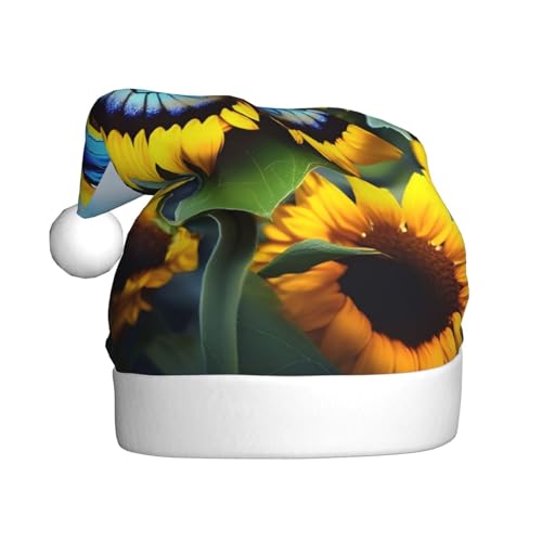 WHJWZY Weihnachtsmütze für Erwachsene – festliches Accessoire, Halloween, jährliche Zeremonien, Feiertagsfeiern, Sonnenblumen-blaues Schmetterlingsmuster von WHJWZY