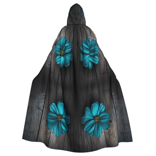 WHJYYXDE Blaugrüne Blume auf Holzplanke, bedruckter Halloween-Kapuzenumhang, geeignet für Cosplay-Kostüme, Weihnachtsfeiern von WHJYYXDE