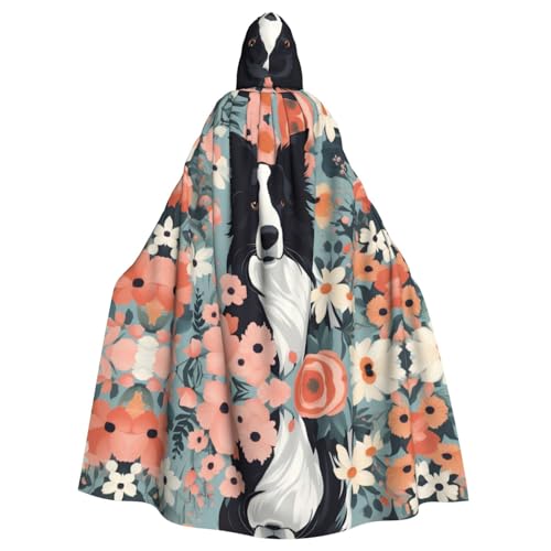 WHJYYXDE Border Collie Florals bedruckter Halloween-Kapuzenumhang mit Kapuze, geeignet für Cosplay-Kostüme, Weihnachtsfeiern von WHJYYXDE