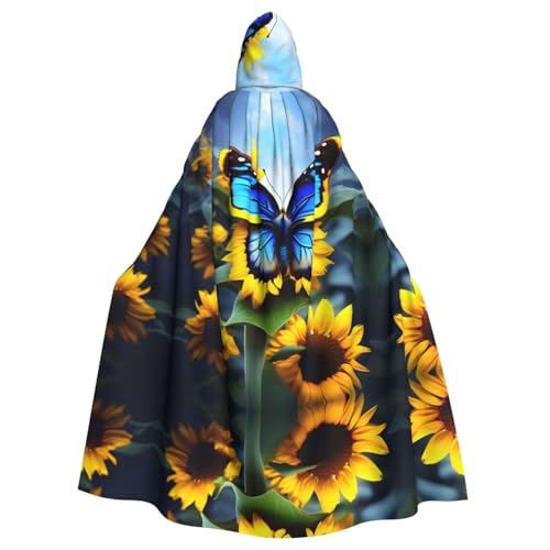 WHJYYXDE Kapuzenumhang mit Sonnenblumen-Motiv und blauem Schmetterling, bedruckt, geeignet für Cosplay-Kostüme, Weihnachtsfeiern von WHJYYXDE