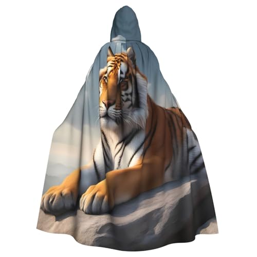 WHJYYXDE Majestätischer Tiger, der auf einem Felsen mit bewölktem Himmel ruht, bedruckt, Halloween-Kapuzenumhang, geeignet für Cosplay-Kostüme, Weihnachtsfeiern von WHJYYXDE