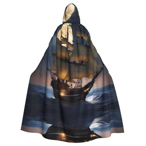 WHJYYXDE Piraten-Segelboot-Vollmond-bedruckter Halloween-Kapuzenumhang mit Kapuze, geeignet für Cosplay-Kostüme, Weihnachtsfeiern von WHJYYXDE