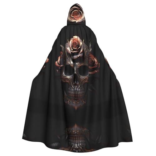 WHJYYXDE Schwarzer Totenkopf-Rosen-bedruckter Halloween-Kapuzenumhang mit Kapuze, geeignet für Cosplay-Kostüme, Weihnachtsfeiern von WHJYYXDE